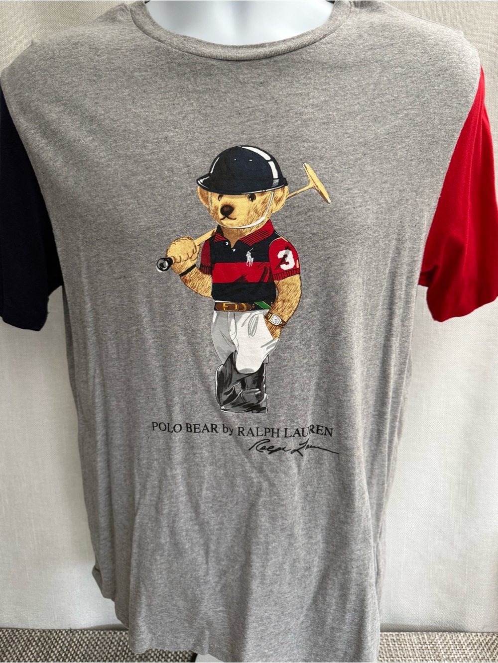 Boy's Polo by Ralph Lauren Gray T with Red & Black Sleeves and Polo Bear Graphic